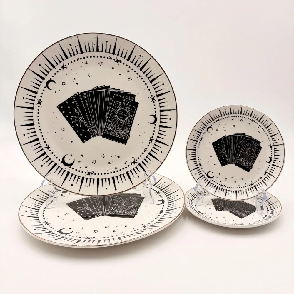 10 Strawberry Street Tarot Card Celestial Plate Set 4pc Black White Gold Gothic